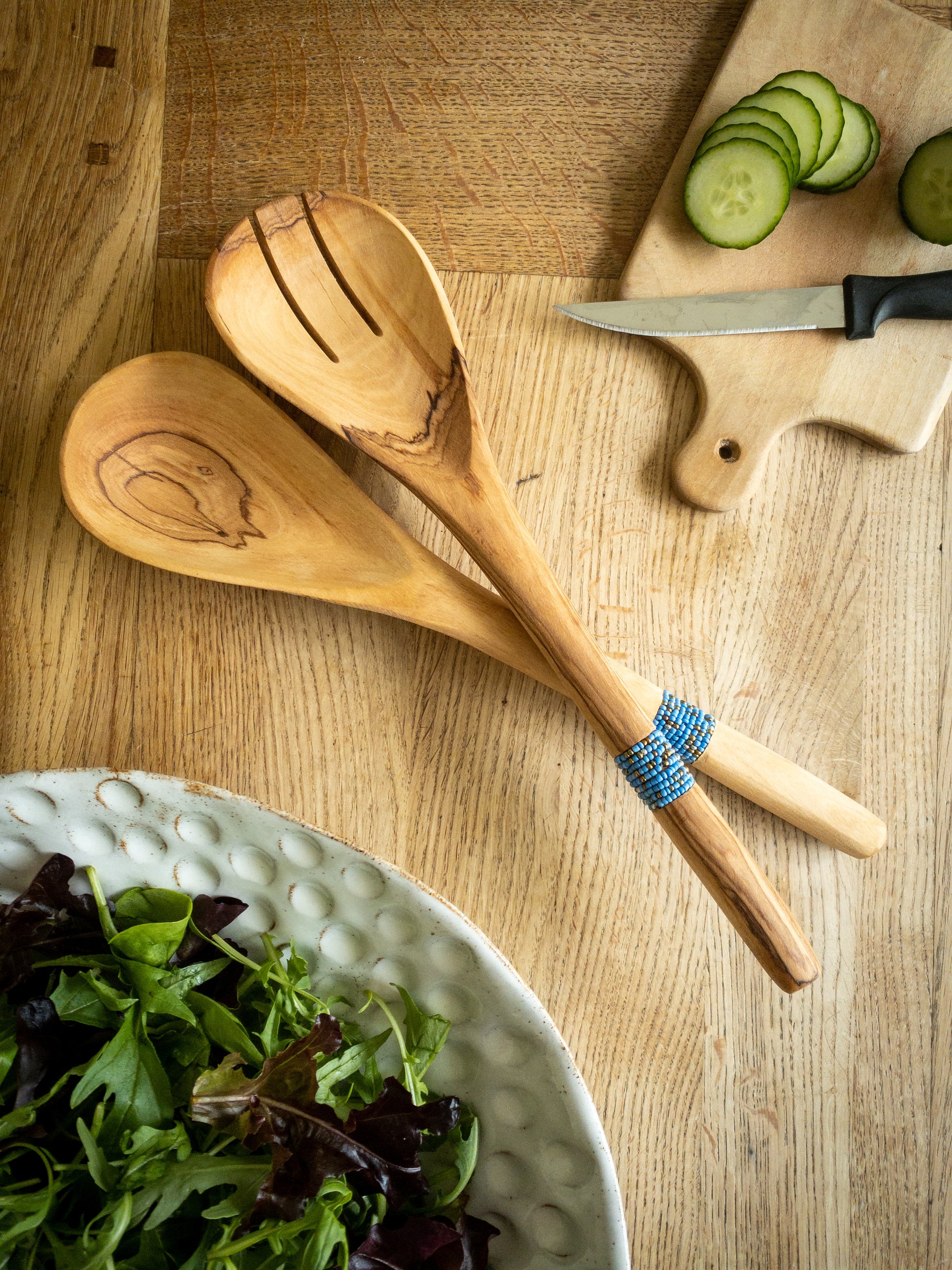 handcarved spoon and salad server with beads